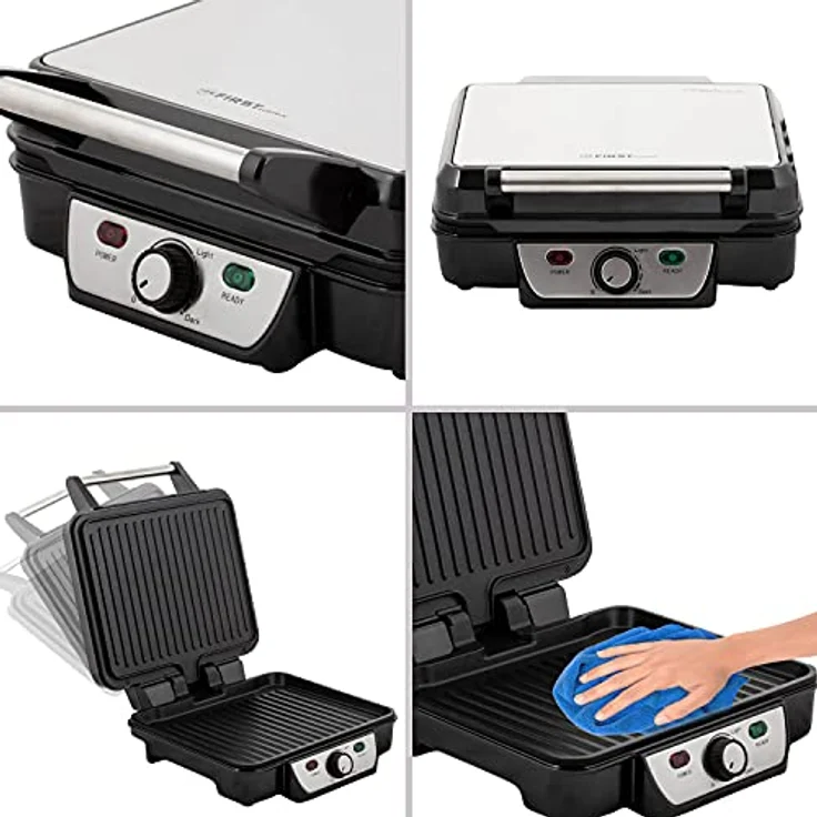 TZS FIRST AUSTRIA Kontaktgrill Tischgrill, Elektrogrill 1800W, Edelstahl, Thermostat, für Fleisch & Gemüse, 180-Grad-Öffnung - Schwarz/Edelstahl - Preisvergleich – Bild 5