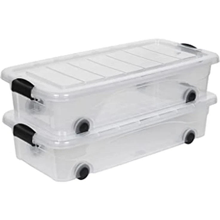 Kreher 2 Stück Rollbox Unterbettbox mit Deckel 30 Liter in Transparent (einsehbar). Maße: 78 x 39,4 x 17,7 cm – Bild 1