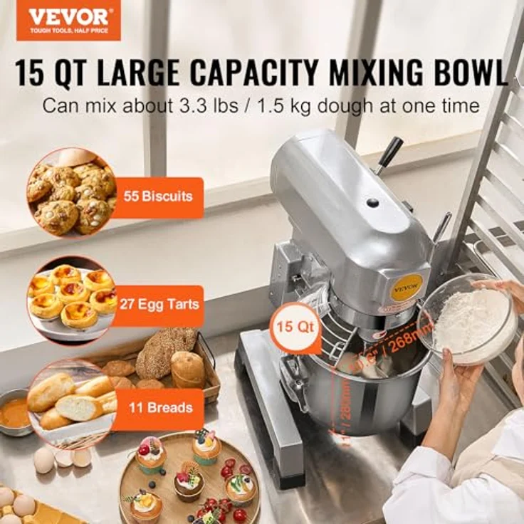 VEVOR Kommerzieller Küchenmixer B15B, 14 l Standmixer mit 3 Geschwindigkeiten, 550 W, Edelstahl-Schüssel und 3 Aufsätzen, funkeln Silber – Bild 2