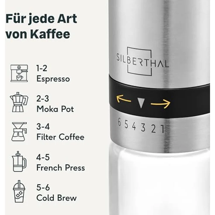 SILBERTHAL Kaffeemühle Manuell Kegelmahlwerk - Verstellbarer Mahlgrad von grob bis fein - Handmühle aus Edelstahl und Glas - Ideale Geschenkidee – Bild 3