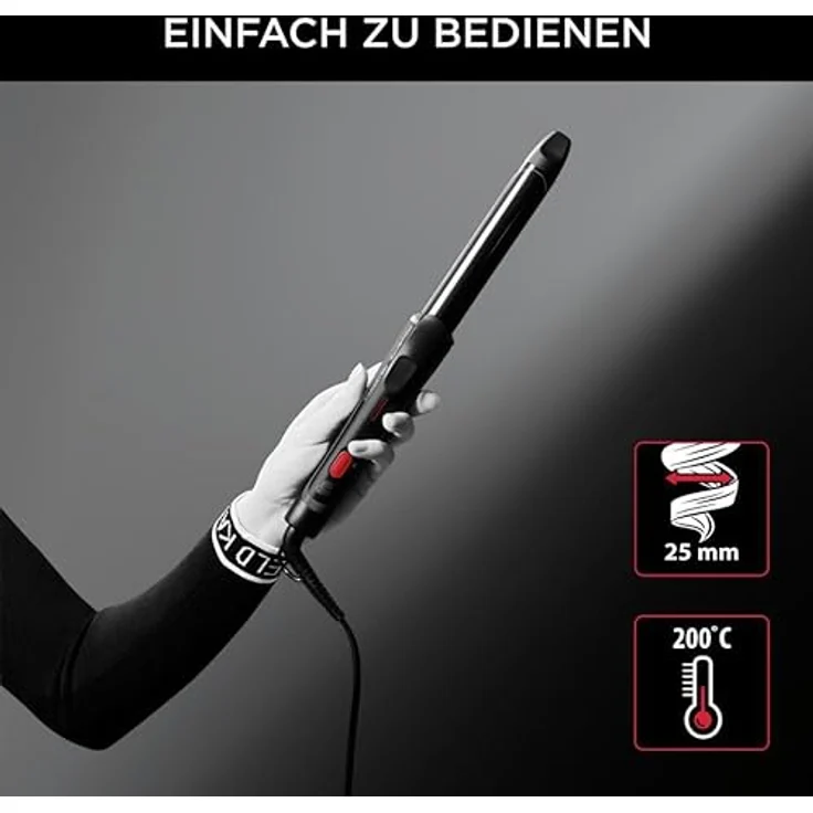 Rowenta x Karl Lagerfeld CF321L Lockenstab | 25 mm | Keratin & Schein-Beschichtung | natürlich wirkende Wellen und Locken | konstante 200°C | schnelles Aufheizen | kühle Spitze | Schwarz/Rot – Bild 5