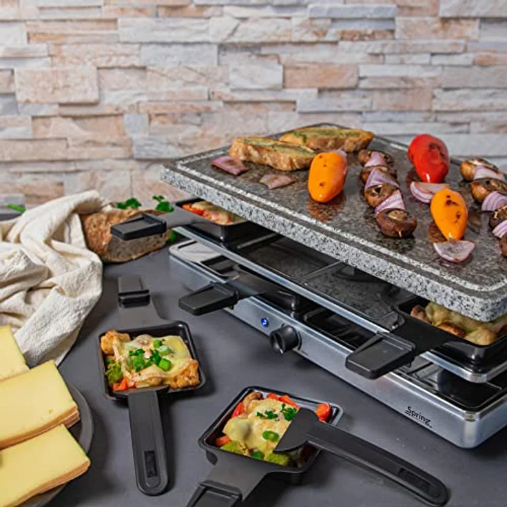 Spring CLASSIC Raclette 8 Personen, Granit-Grillplatte, Heißer Stein mit Saftrille, 8 Raclette Pfännchen, 8 Raclette Schaber, mit Abstellebene, 48 × 27 × 14,5 cm, 1200W, Raclette Grill – Bild 4