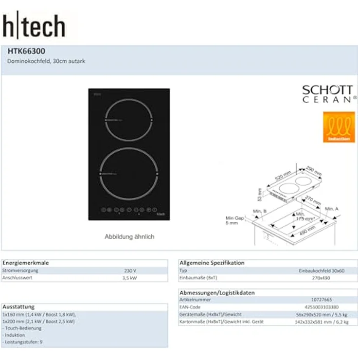 Vestel Induktionskochfeld 2 Zonen rahmenlos HTK66300, Touchcontrol-Steuerung, Boost Funktion, elegante Glaskeramikplatte – Bild 3