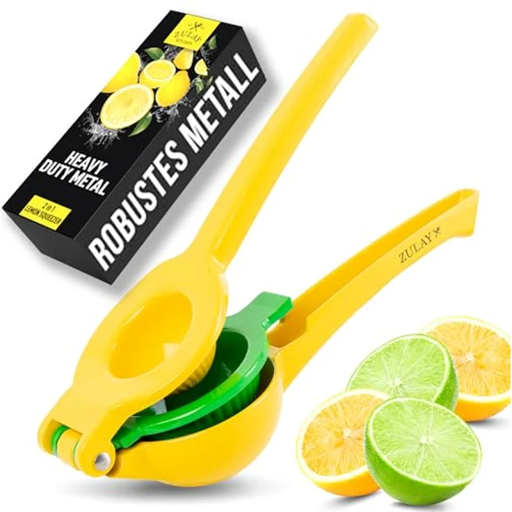Zulay Kitchen 2-in-1 Zitronen- und Limettenpresse, manuelle Saftpresse aus robustem Aluminium (Gelb/Grün), mit Samenfilter und ergonomischem Griff – Bild 1