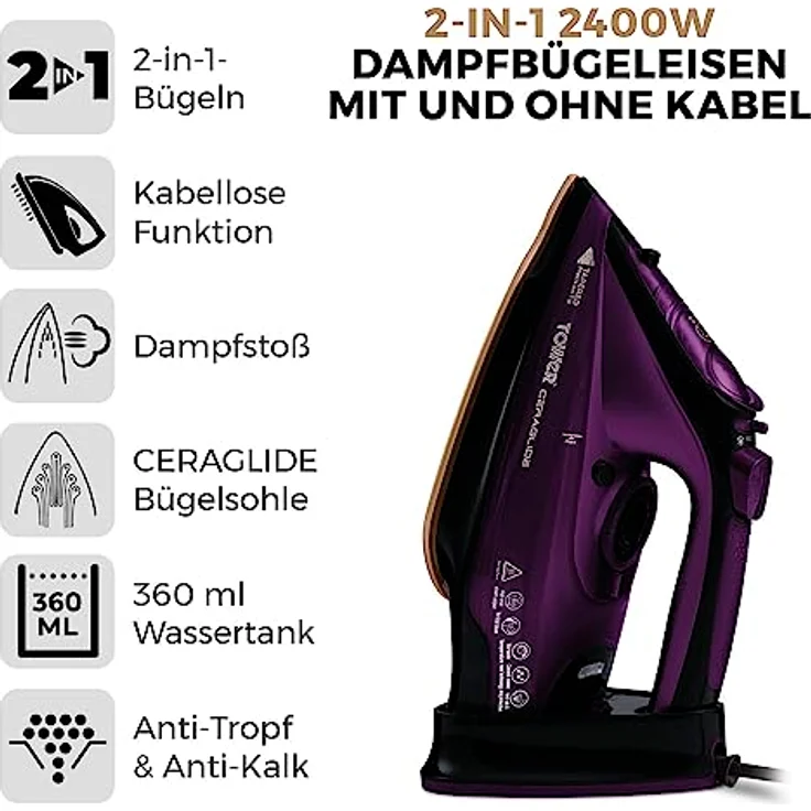 Tower T22008 CeraGlide Kabelloses Dampf Bügeleisen mit Keramiksohle - Dampfbügeleisen mit Variabler Dampffunktion, Lila – Bild 2