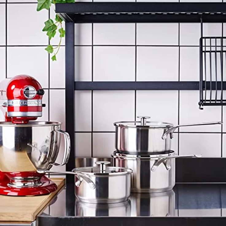 KitchenAid Stainless Steel Stielkasserollen-Set (16cm, 18cm & 20cm), 3-lagige Antihaftbeschichtung, induktionsgeeignet, backofenfest, spülmaschinenfest, silber – Bild 2