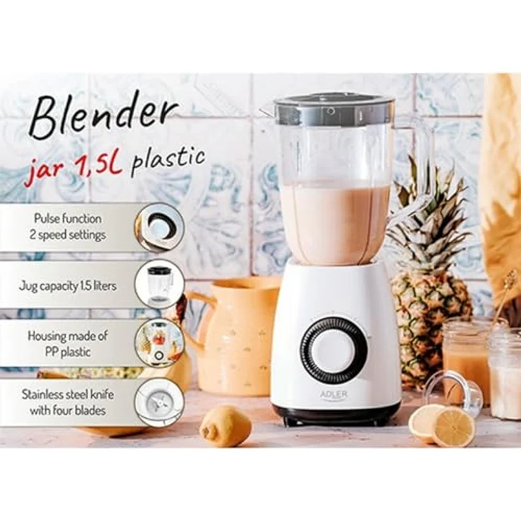 Adler Hochleistungsmixer 1000 W – Behälter 1,5 l, Edelstahlklingen, 2 Geschwindigkeitsstufen + Pulse, Kunststoffbehälter – Bild 3