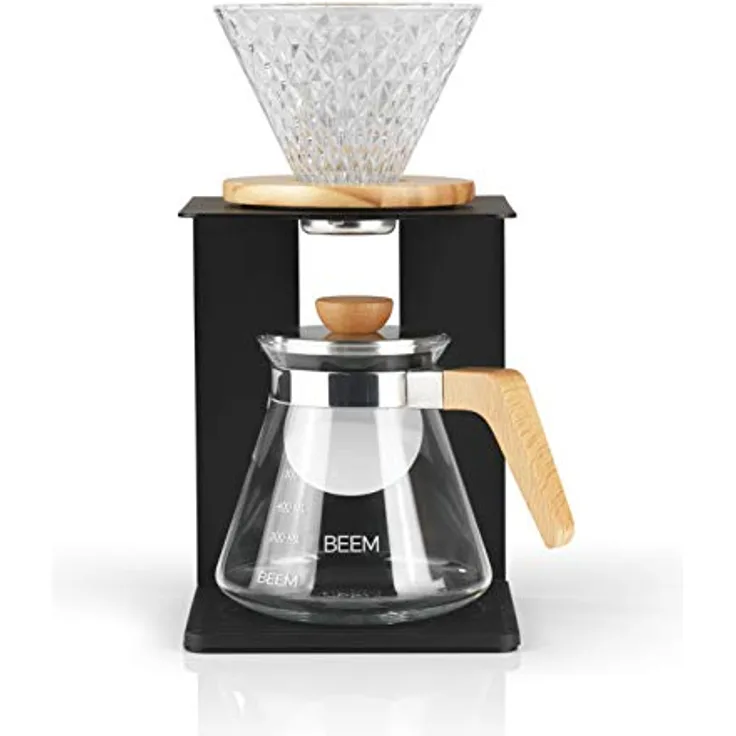 BEEM Pour Over Kaffeebereiter Set - 4 Tassen, Classic Selection, 4-teilig, Glas-Handfilter in Diamantoptik, Größe 2, 0,5 l Glaskanne inkl. Deckel, Silikonunterlage