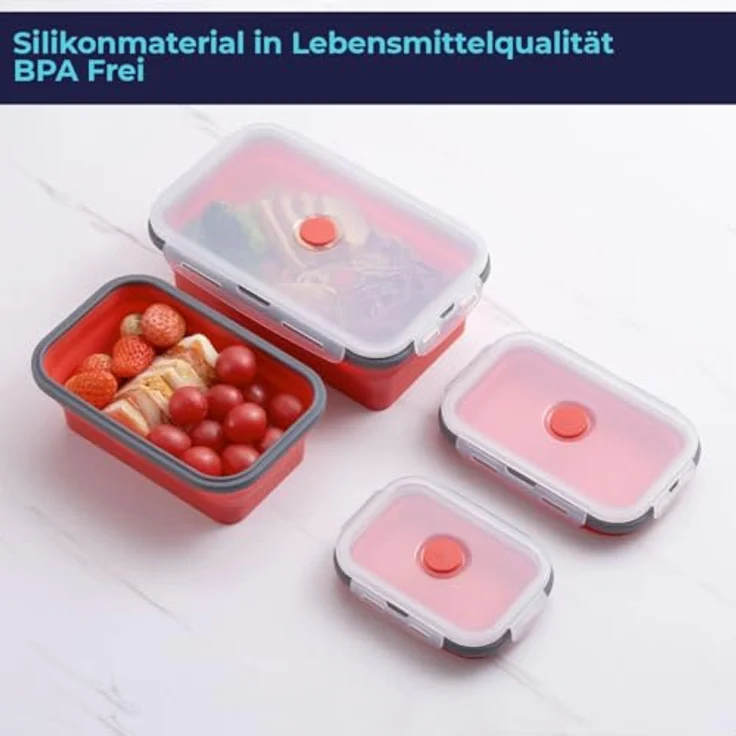 König Design Faltbare Frischhalteboxen 4 Stück - Auslaufsicher, zusammenklappbar, BPA-frei (Rot) – Bild 2