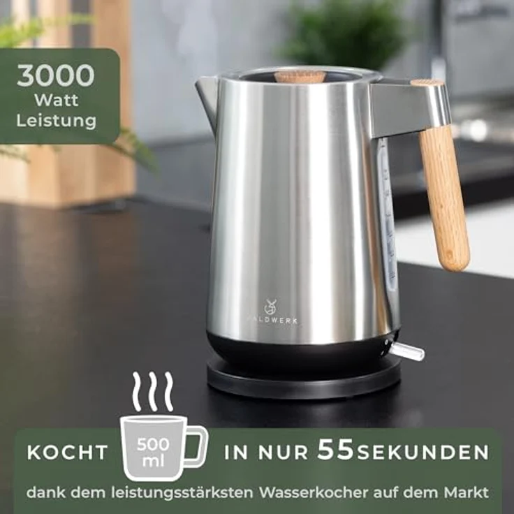 WALDWERK Design Wasserkocher - 3000 Watt - 1,7L - Edelstahl mit Eichenholz Griffen - Rostfreier 304 Edelstahl – Bild 2
