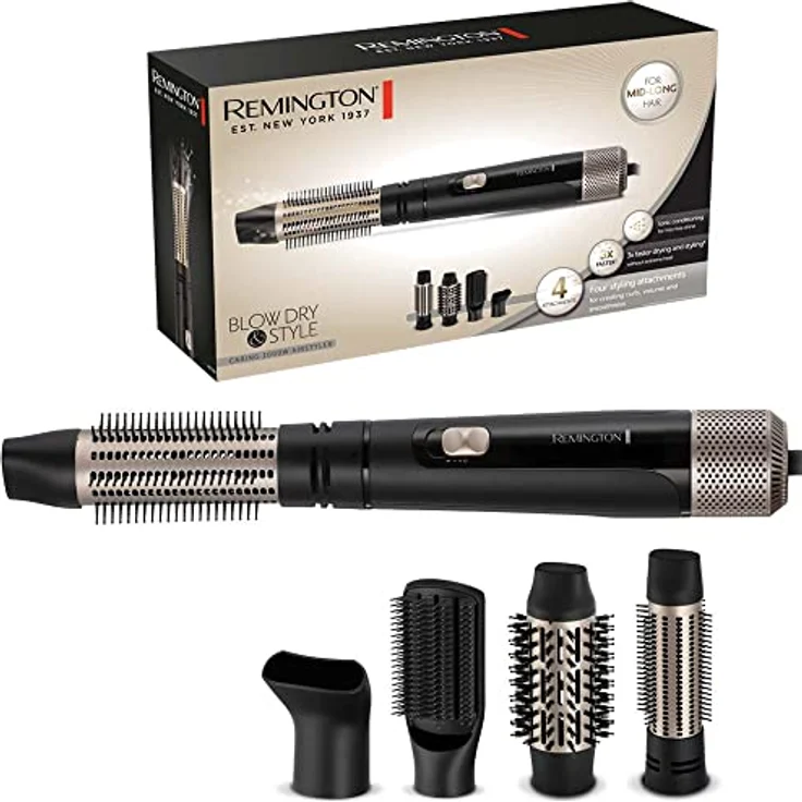 Remington Warmluftbürste [inkl. 4 Aufsätze: 38mm&50mm Rundbürste, Stylingdüse, Flachbürste] Blow Dry&Style (Locken,Volumen&glatte Styles für mittellanges Haar) Ionenpflege, Abkühlstufe, 1000W, AS7500 – Bild 1
