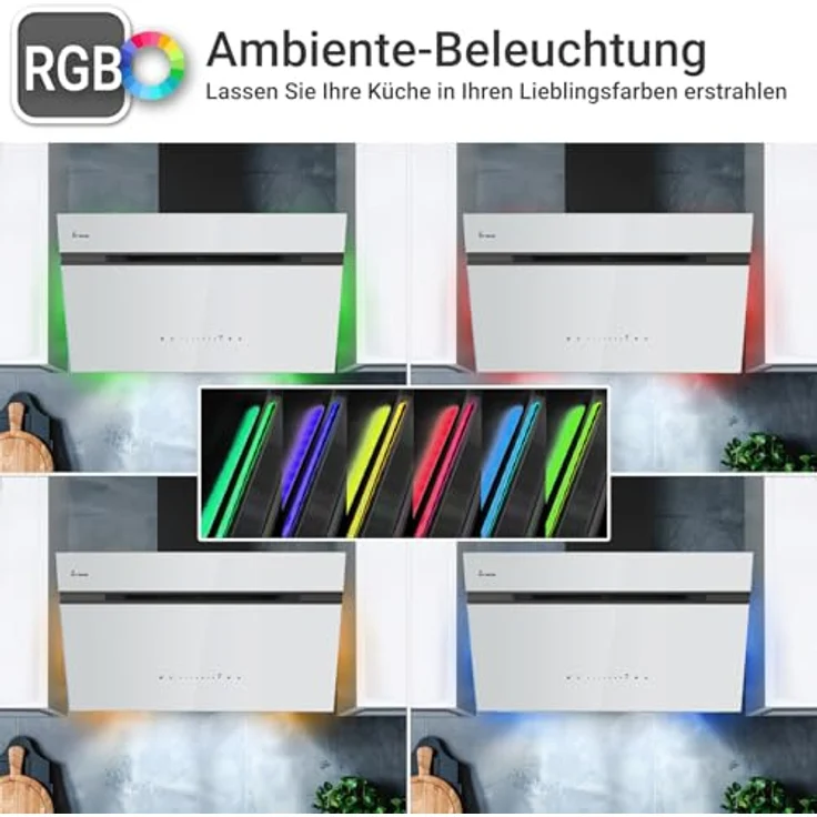 KKT KOLBE AURORA8005SW Dunstabzugshaube 80 cm, A+++ Energieeffizienz, 782 cbm/h, Schwarz Weiß Glas, Kopffrei, Smart WiFi App, SensorTouch, RGBW LED-Beleuchtung, Nachlaufautomatik – Bild 2