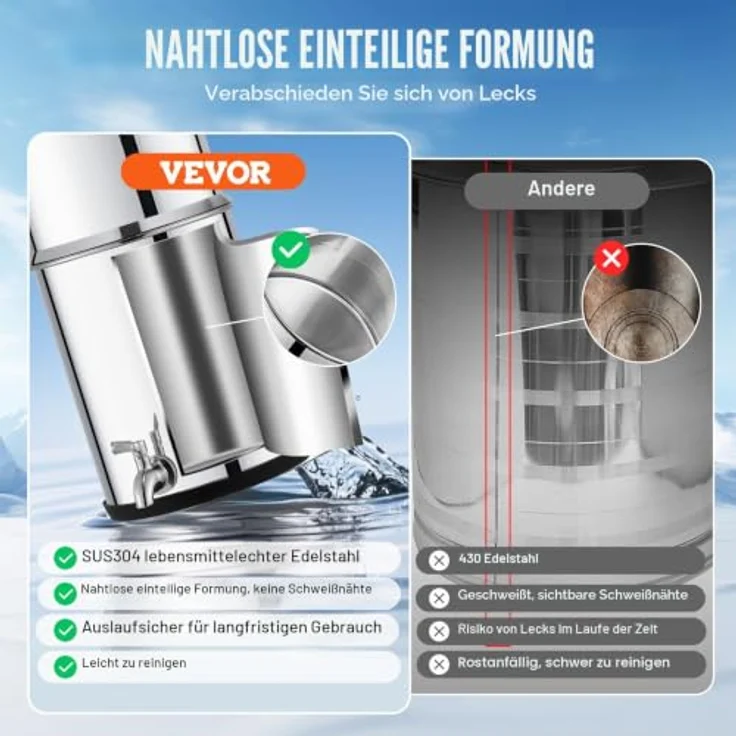 VEVOR Schwerkraft Wasserfiltersystem, Edelstahl 7 L + 8,5 L, reduziert Blei und bis zu 99 % Chlor, mit 2 Kohlefiltern und Zapfhahn – Bild 3