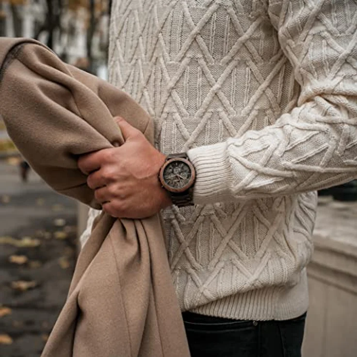 Holzkern Quarzuhr Chronograph Askja, Walnuss/Marmor, Edelstahl, 45 mm, Datumsanzeige, Stoppuhr bis 60 Minuten, spritzwassergeschützt – Bild 3