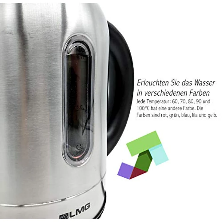 Wasserkocher Edelstahl LED mit Temperatureinstellung Premium - 2200W -Mit Farbspiel und Warmhaltefunktion, 1.7 Liter Volumen -Mit Sichtfenster, Automatische Abschlatung, 60,70,80,90,100°C – Bild 5