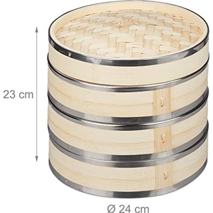 Relaxdays Bambus Dampfgarer, 3 Etagen, asiatischer Dampfkorb für Reis, Dim Sum, Gemüse, Ø 24 cm, Hellbraun, Silber – Bild 4