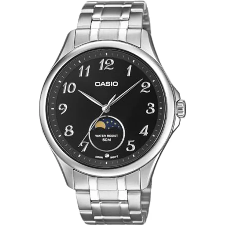 Casio MTP-M110D-1AV, Armbanduhr der Timeless Collection mit Mondphasenanzeige, Edelstahlgehäuse, analog 3 Zeiger, ±20 Sekunden Genauigkeit pro Monat