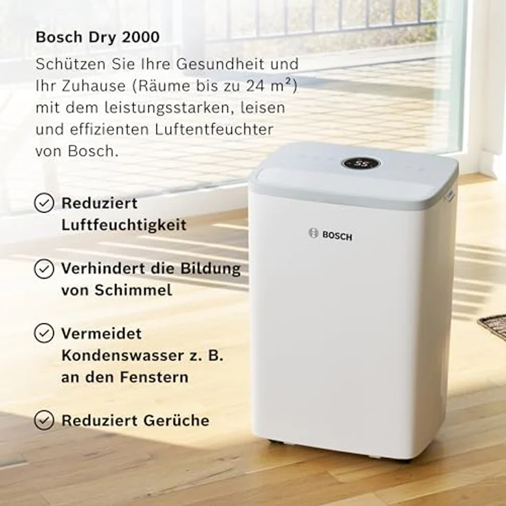 Bosch Dry 2000 - Luftentfeuchter für Zuhause, leise & effizient, 12 Liter pro Tag, weiß – Bild 2