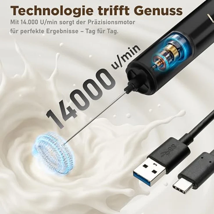 LUNARIA Milchaufschäumer kabellos, Edelstahl, schwarz/silber, 8 W, für Cappuccino & Latte Macchiato, USB aufladbar, 2 Aufsätze – Bild 4