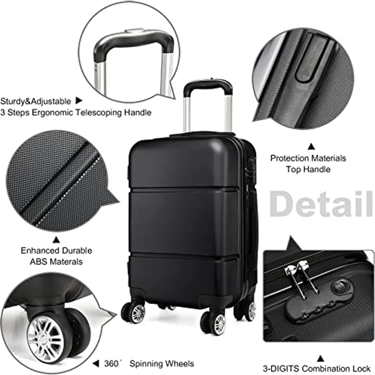 KONO Handgepäck Trolley, Hartschale aus ABS, 55x38x22cm, 33L, leichtgewicht, Schwarz, mit Rollen und Zahlenschloss – Bild 3