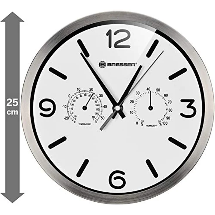 Bresser Funkuhr Wanduhr MyTime ND Thermo-Hygro mit geräuschlosem Funkuhrwerk, Edelstahlrahmen und Anzeige für Temperatur und Luftfeuchtigkeit, Weiß – Bild 3