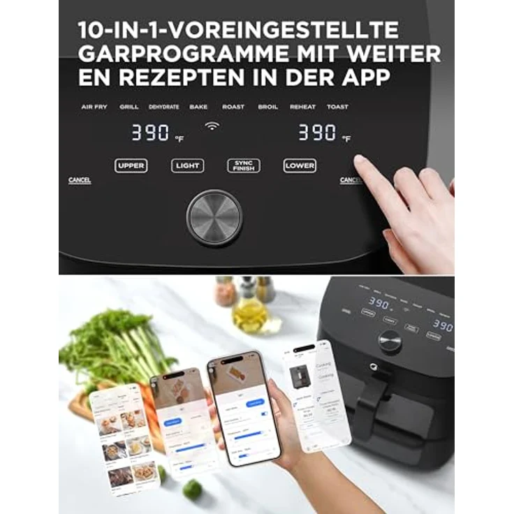 Midea Heißluftfritteuse Double Stack, 11L XXL Airfryer mit Smart WIFI Sync und Alexa, 10 in 1 Funktionen für 3-8 Personen, 2400W, platzsparendes vertikales Design – Bild 5
