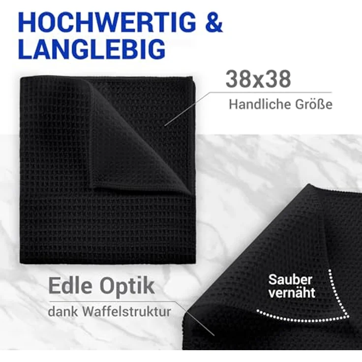 wolk Waffeltücher, Mikrofasertuch mit Waffelstruktur, 10 Stück, schwarz, 38 x 38 cm, fusselfrei, waschbar bis 90°C, vielseitig einsetzbar für Bad, Küche, Gastronomie – Bild 2
