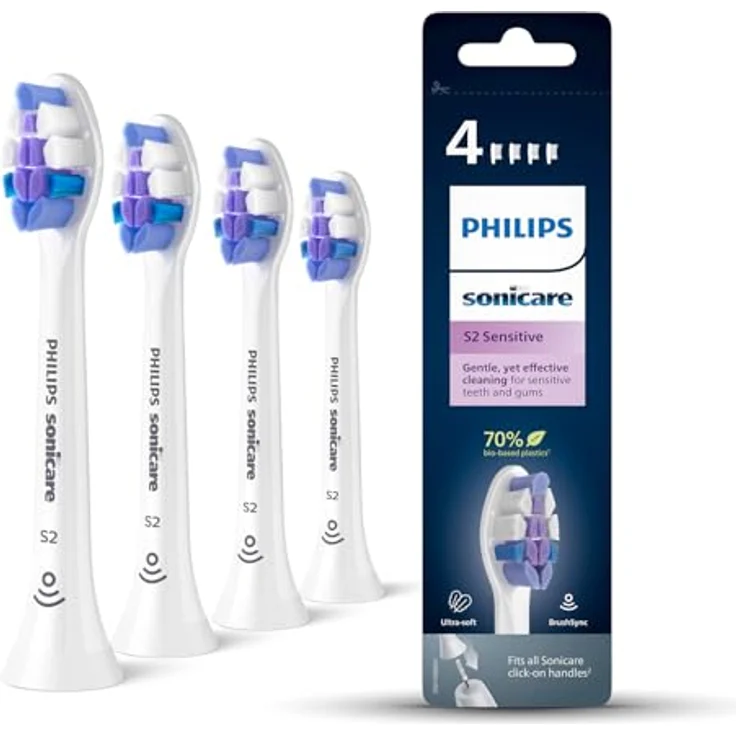 Philips Sonicare Bürstenköpfe, S2 Sensitive Bürstenkopf mit besonders weichen Borsten für empfindliche Zähne und Zahnfleisch, Weiß, 4er-Pack, (Modell HX6054/10) – Bild 1