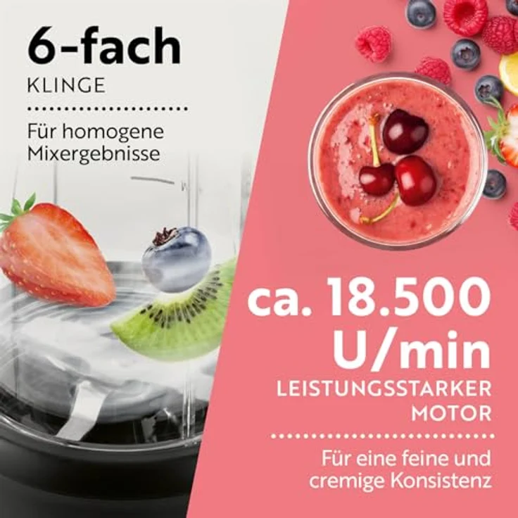GOURMETmaxx Mixer & Smoothie Maker 4-tlg., 1000 Watt Standmixer mit auslaufsicherem To-go-Deckel, 750 ml Mixbecher, Edelstahlklingen für Shakes und Smoothies – Bild 4