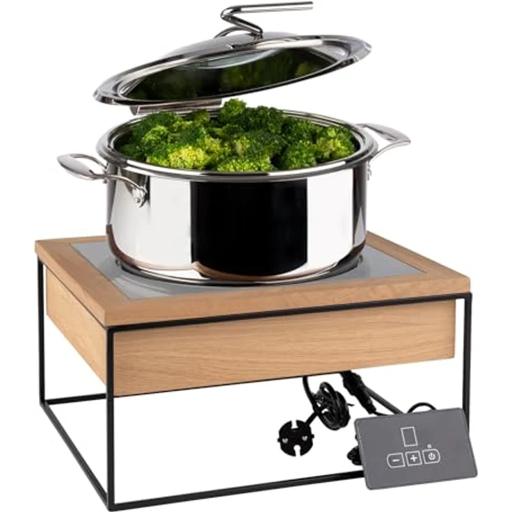 APS 12275 Induktionsstation, 4-tlg. Set, 900 Watt, mit Metallständer, Eichenholzrahmen und Edelstahlrahmen, 35,4 x 32,5 cm, Höhe 19 cm, in schwarz – Bild 3