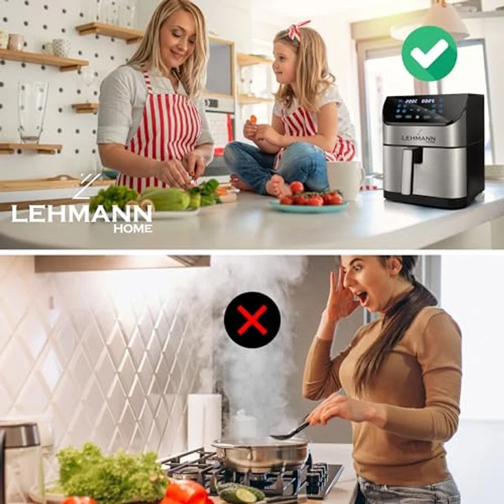 LEHMANN Friteuse Heissluft XXL 1800 W, Heißluftfritteuse 8L mit bis zu 10 Programmen, Air Fryer mit Digitalem LED-Touchscreen, Temperaturregelung 76-200°C, Timer, gesunde Lebensmittel ohne Öl, – Bild 2