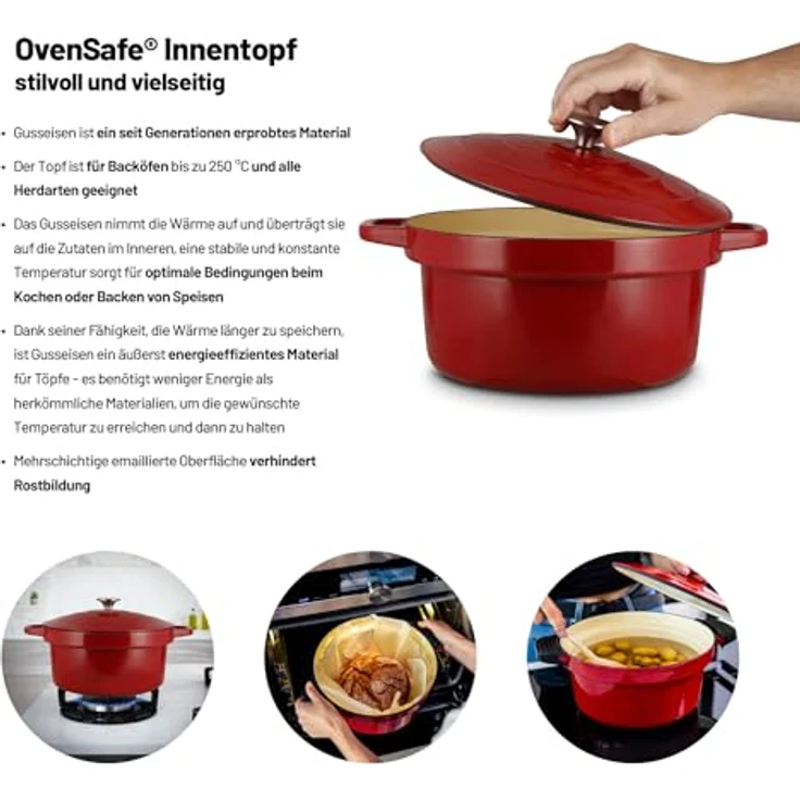 Lauben Multikocher OvenSafe® Multicooker 6000RS, Emaillierter Topf, Ofengeeignet, 1500,00 W, 6,00 l Schüssel, 10 Programme, Dampfgarer, Reiskocher, Gusseisen, Silikonhandschuhe, Silikonunterlage – Bild 2