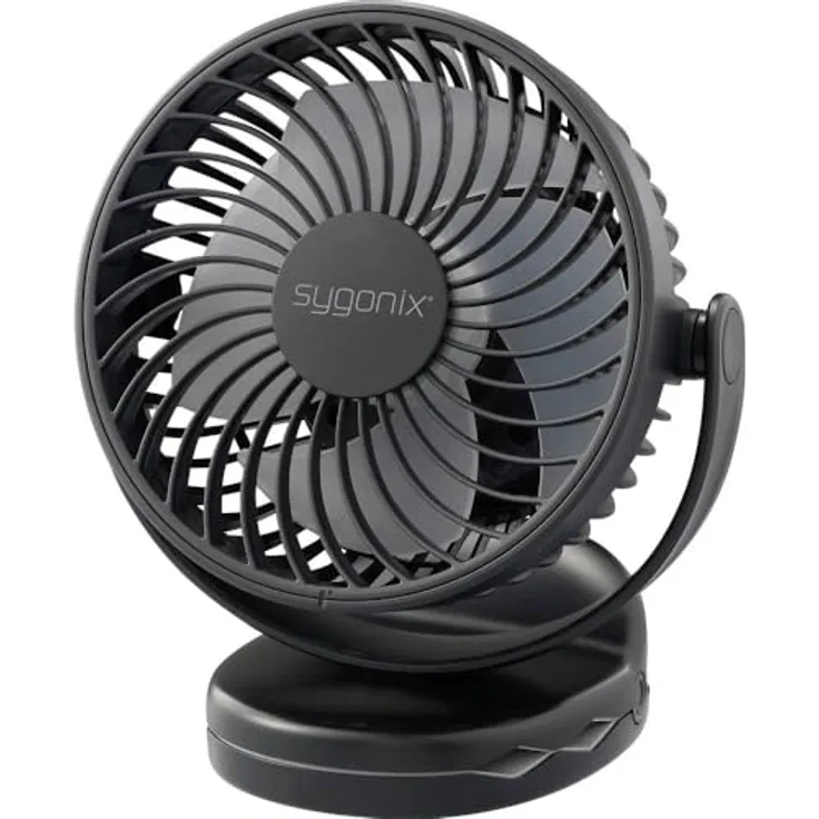 sygonix Akku-Ventilator 4 W, tragbarer Ventilator mit 4 Gebläsestufen, rutschfestem Clip und 360° verstellbarem Kopf, schwarz
