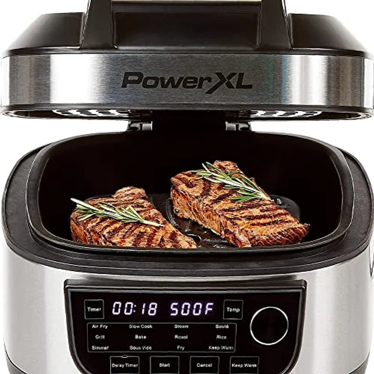 Mediashop PowerXL Multikocher, 1300 Watt, 5,7 Liter, 12 Programme, Deckel, Warmhaltefunktion, Kochfunktion, Display, silber, schwarz – Bild 2