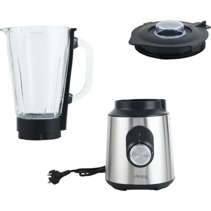 shop'n smile ideoon Standmixer Edelstahl 1000W mit 1,5L Glasbehälter, 2 Geschwindigkeitsstufen + Pulse, rutschfest, spülmaschinenfest, Silber/Schwarz – Bild 9