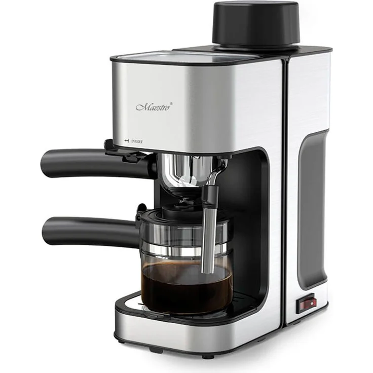 Maestro MR-411 Espressomaschine, 800W mit integriertem Mahlwerk, Edelstahl in Silber und Schwarz, EU Plug 220V