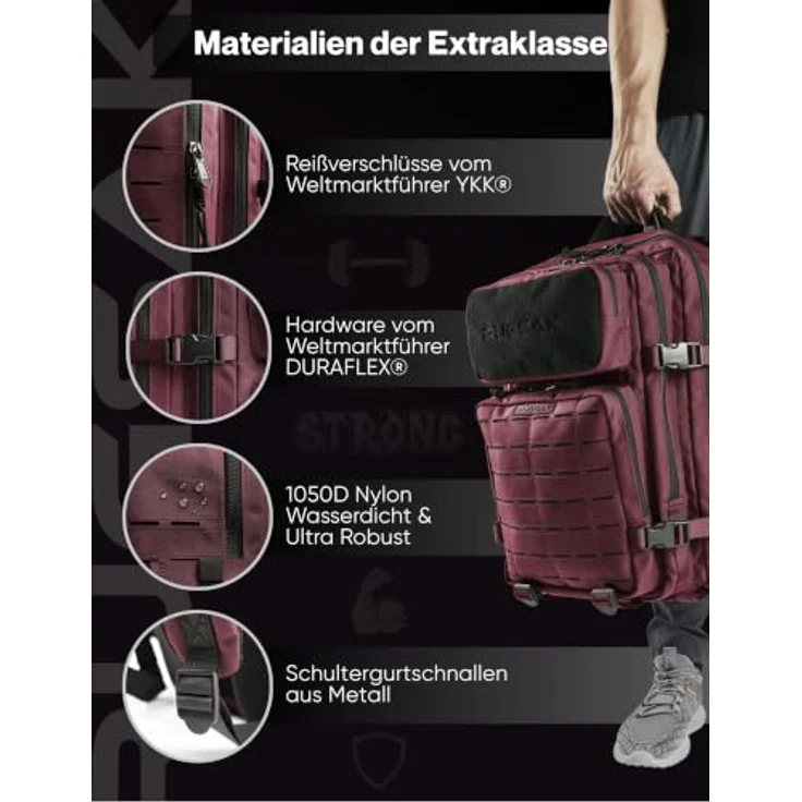 RUGSAK Alpha 45L Rucksack Merlot Red – Wasserabweisend, 18-Zoll Laptopfach, Ergonomisch, Reise, Alltag & Outdoor – Bild 4