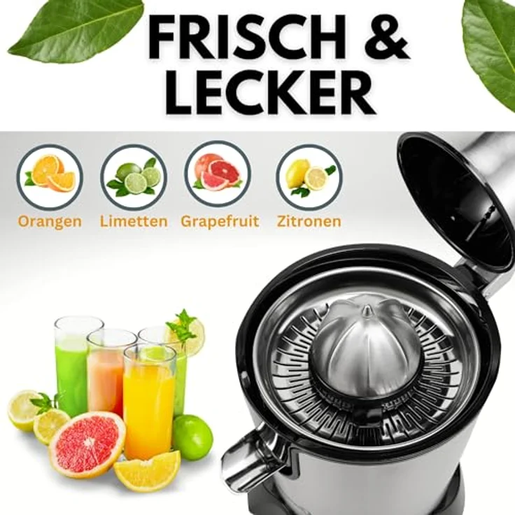 Sommertal Zitruspresse CP850 elektrische Saftpresse inkl. 2 Presskegel, manuelle Handpresse, Orangenpresse Zitronenpresse aus Edelstahl, Juicer Entsafter mit starkem 850W Motor, silber – Bild 5