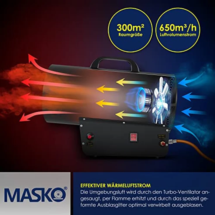 MASKO Gasheizgebläse Gasheizer Heizkanone Gasheizstrahler Bauheizer Gas Heizgerät heizstrahler Heißluftgenerator inkl. Gasschlauch & Druckminderer Heizgebläse für handelsübliche Gasflaschen Schwarz, 30 kW,  – Bild 4
