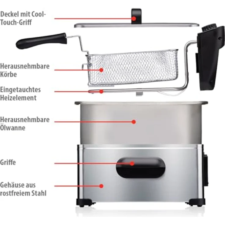 alpina Fritteuse 3 Liter, 2000 W, einstellbare Temperatur, herausnehmbarer Korb, Silber – Bild 4