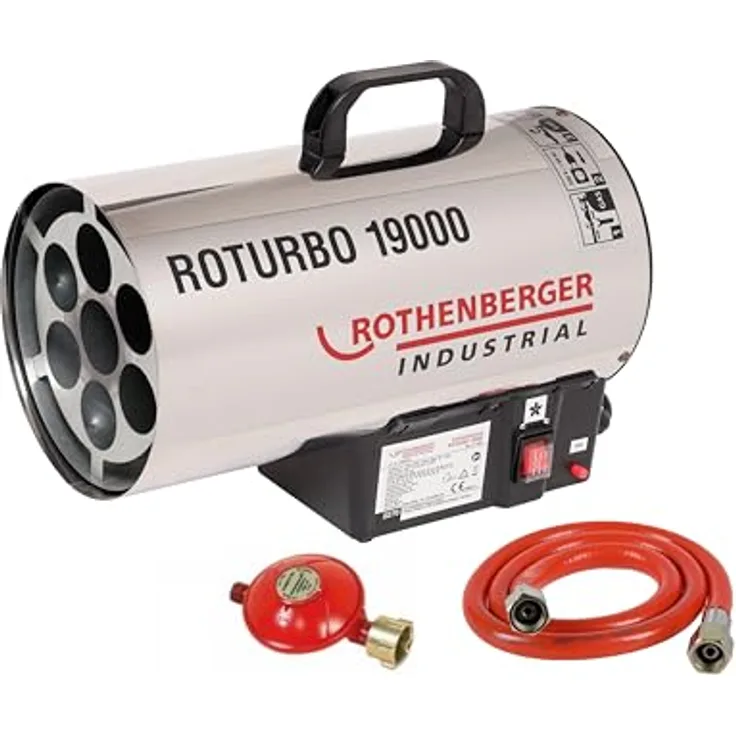 Rothenberger RoTurbo 19000 Heizkanone, Piezo-Zündung, inkl. Propangasschlauch und Regler, 18,5 kW, Silber