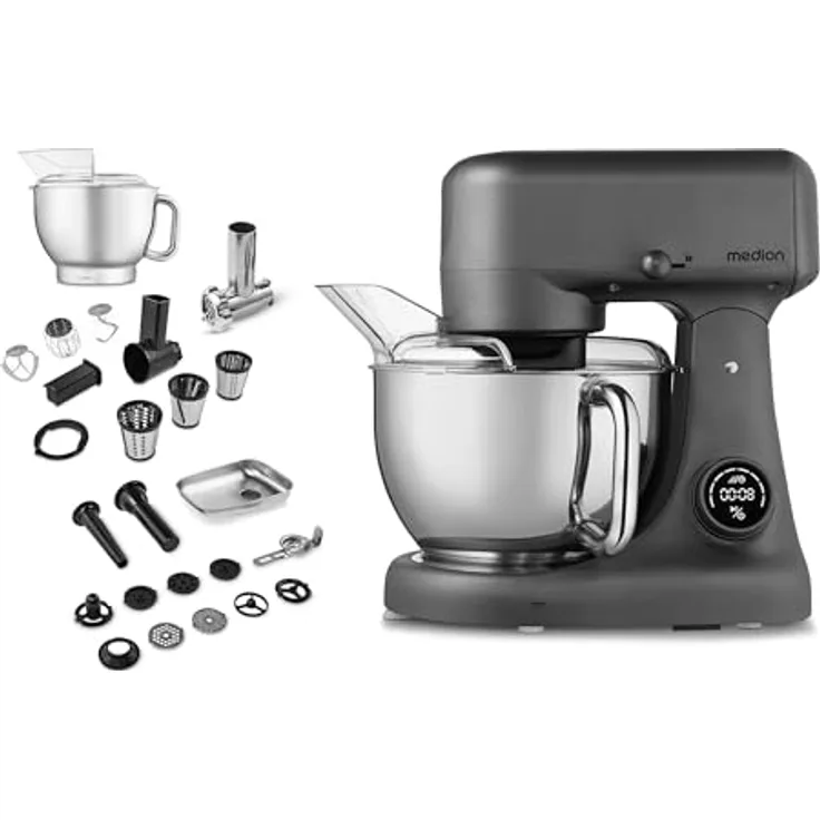 MEDION Küchenmaschine mit Fleischwolf (800 Watt, 4,6 Liter Edelstahlschüssel, Sensor-Touch-Display) Titan