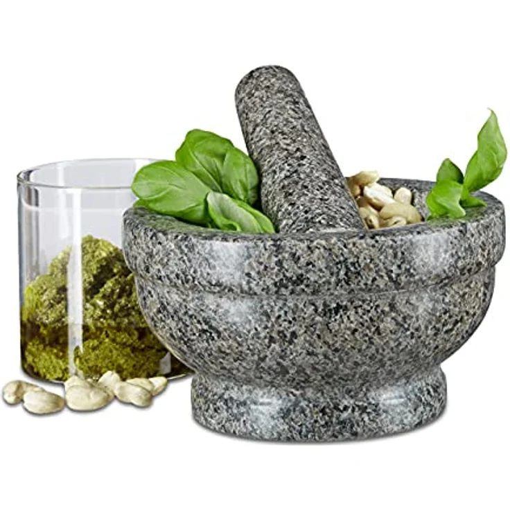 Relaxdays Granit Mörser mit Stößel 17 cm Durchmesser, robuster, langlebiger Steinmörser, echter Granit poliert, grau – Bild 2