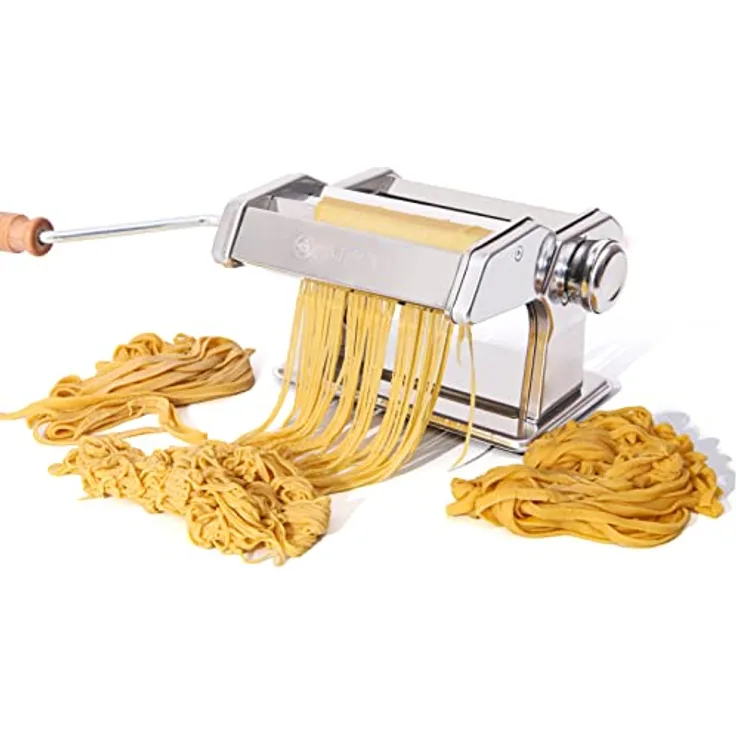Cubesu Nudelmaschine manuell, Edelstahl Pasta-Maker mit Holzgriff, 9 Nudelformen, rutschfest, leichte Reinigung