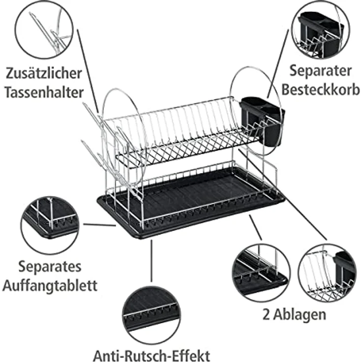 WENKO Geschirrabtropfer Premium Duo, Geschirr Abtropfständer für die Küche, Abtropfgestell mit Besteckkasten und Tellerständer, 52 x 36 x 24 cm, Silber-Schwarz – Bild 3