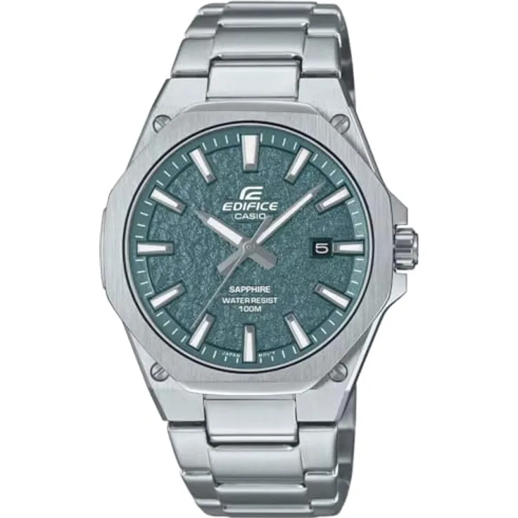 Casio EFR-S108DE-3AVUEF, Analoguhr mit grünem Zifferblatt, silbernem Edelstahlarmband, Kalenderfunktion und 10 bar wasserdicht