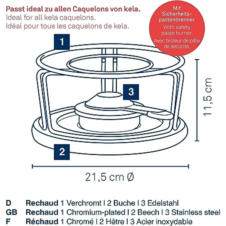Kela 61000 Rechaud mit Sicherheitspastenbrenner, Edelstahl- Buche, 21 cm Durchmesser, Natura – Bild 4