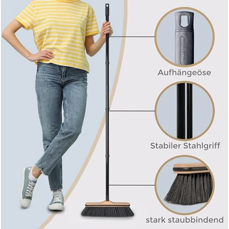 Hausfelder Staubbesen mit Kantenschutz, 30 cm breiter Zimmerbesen mit 4-teiligem Metallstiel and Drehgewinde – Bild 3