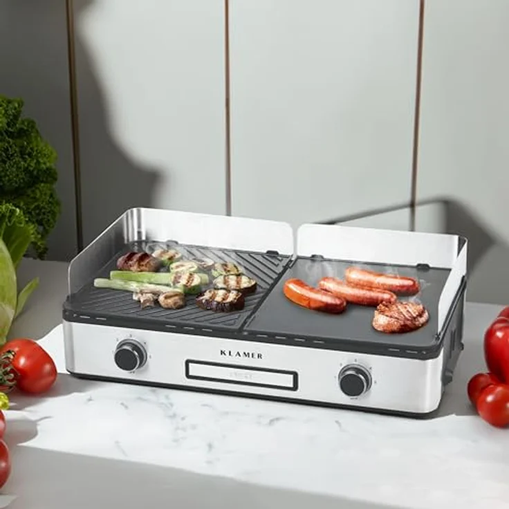 KLAMER Elektrogrill, antihaftbeschichtete und abnehmbare Duo-Platten, separate Temperatureinstellung, 5 Grillstufen, mit Wind-/ Spritzschutz & Auffangschale, 2400 Watt Leistung, Tischgrill – Bild 3