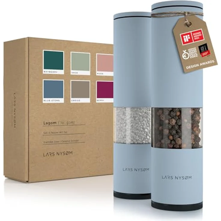 LARS NYSØM Salz und Pfeffer Mühle 2er Set Manuell mit einstellbarem Keramik-Mahlwerk von grob bis fein I Design Gewürzmühlenset (2 Stück) (Baby Blue) – Bild 1
